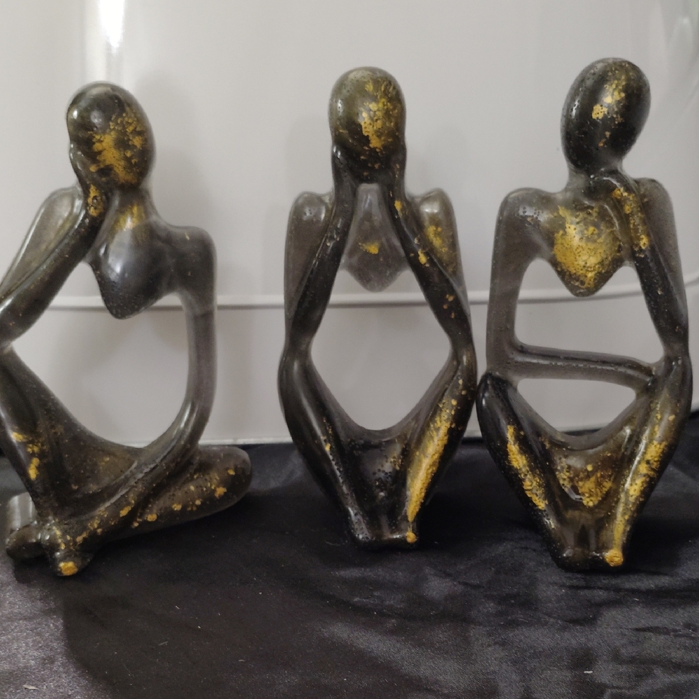 Unique Abstract Black and Gold Small Sculpture Set (See, Hear, Say Nothing) 3pcs